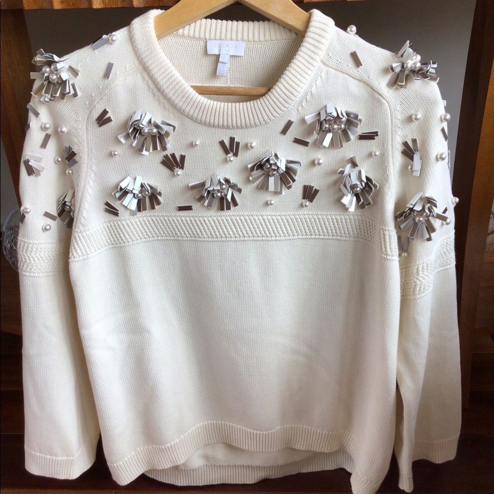 Escada White Sweater with Silver Embellishments